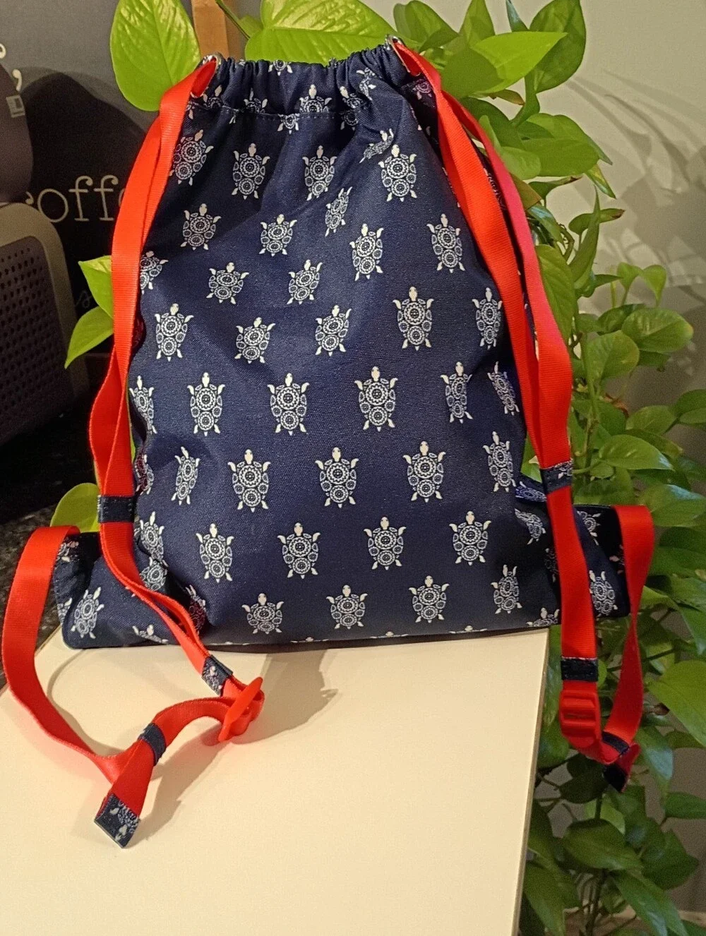 Vera Bradley Navy Drawstring Backpack with Red Trim